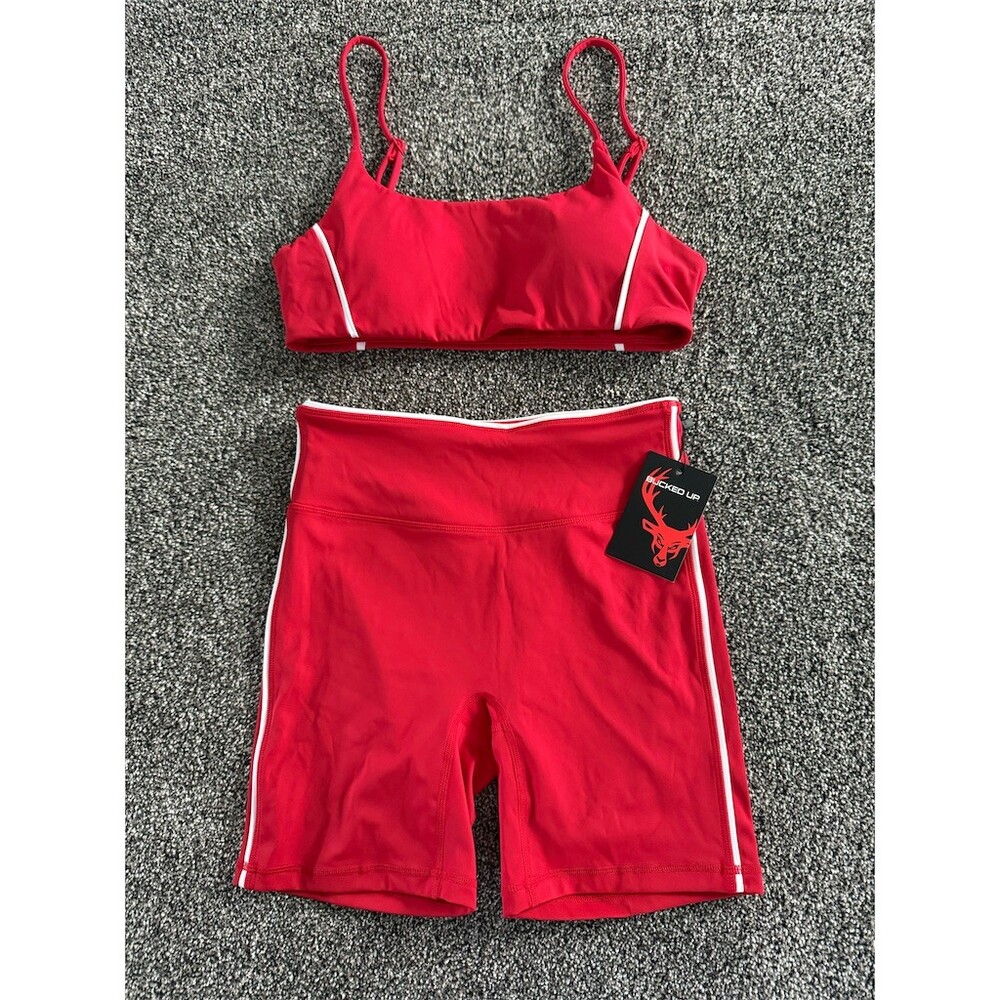 Bucked Up Womens Sports Bra & Biker Shorts Set Red White Stripe Size L